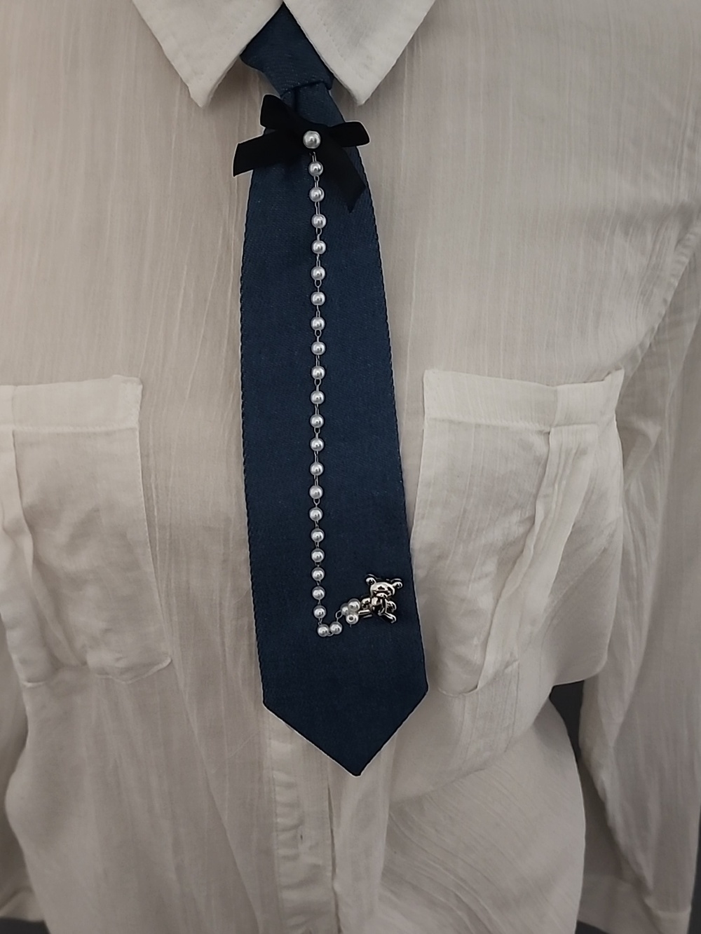 Denim Blue Novelty Tie with Black Bow Pearl Chain Ans Bear